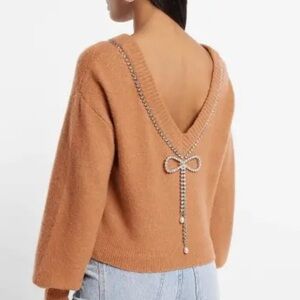 Express Rhinestone Bow Back Sweater Brown V-Neck Cropped Knit Glam | Small